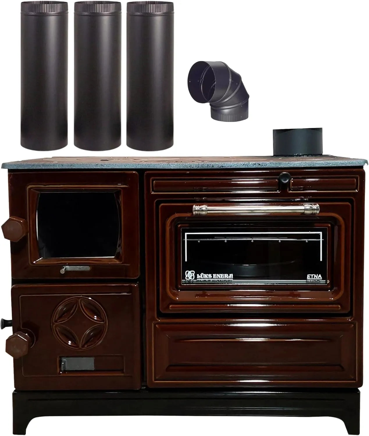 Brown Cast Iron Wood Stove Pipe Set - 3 Straight Pipes + 1 Elbow Pipe - TheCastingFire