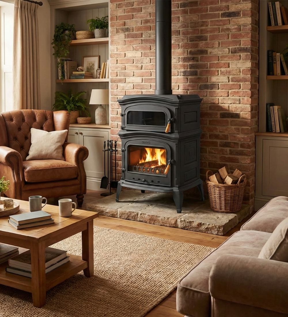 Black Cast Iron Stove, Burning Fireplace Wood Stove Cooker Stove