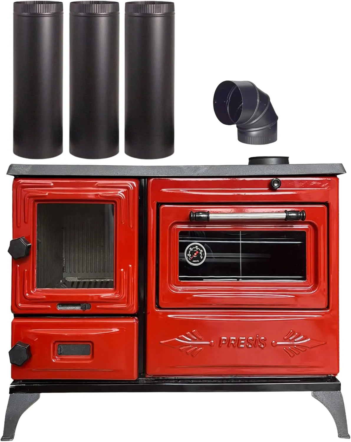 Colorful Red Cast Iron Wood Stove Pipe Set - 3 Straight Pipes + 1 Elbow Pipe - TheCastingFire
