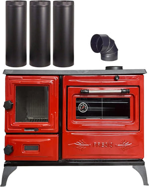 Colorful Red Cast Iron Wood Stove Pipe Set - 3 Straight Pipes + 1 Elbow Pipe - TheCastingFire