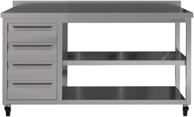 Stainless Steel Prep Table with Drawers and Wheels - Commercial Kitchen Work Table with Backsplash and Under Shelf - Heavy Duty Commercial Work Station for Restaurant, Hotel (55x23x33 inches)