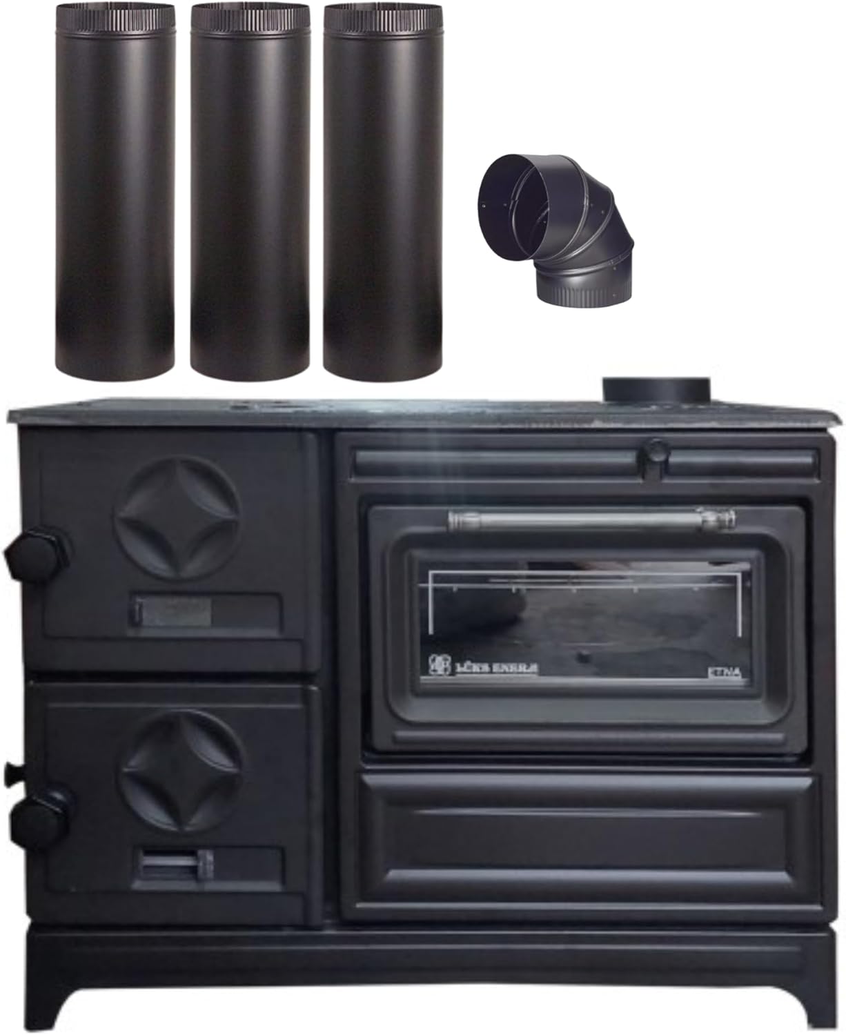Black Cast Iron Wood Stove Pipe Set - 3 Straight Pipes + 1 Elbow Pipe