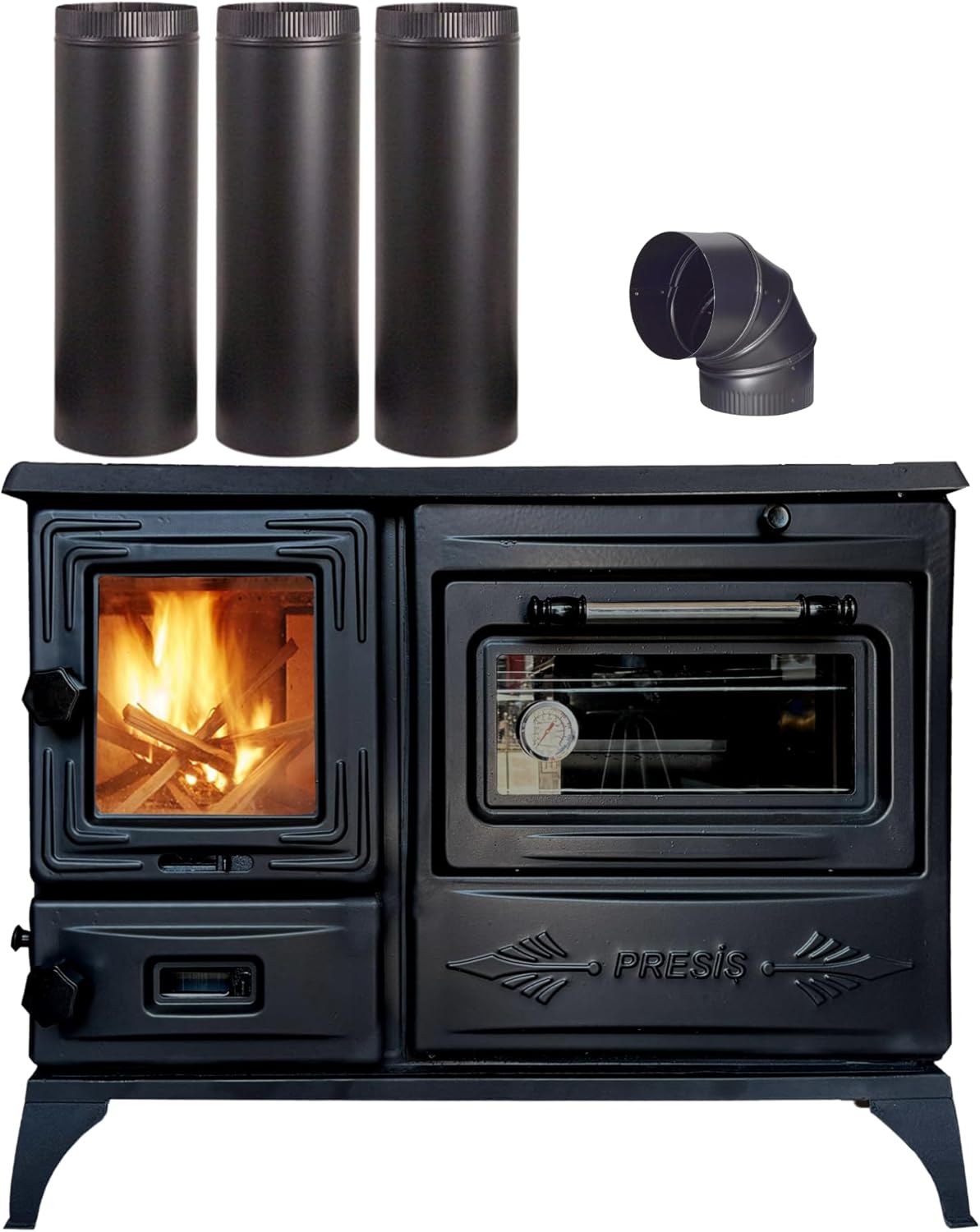 Black Cast Iron Wood Stove Pipe Set - 3 Straight Pipes + 1 Elbow Pipe