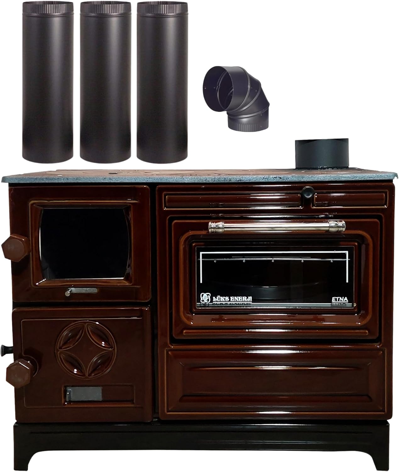 Brown Cast Iron Wood Stove Pipe Set - 3 Straight Pipes + 1 Elbow Pipe