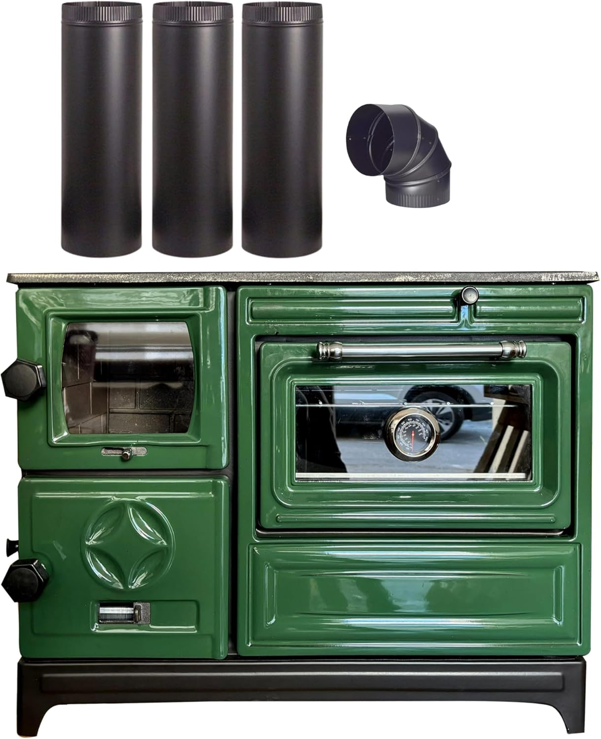 Green Cast Iron Wood Stove Pipe Set - 3 Straight Pipes + 1 Elbow Pipe