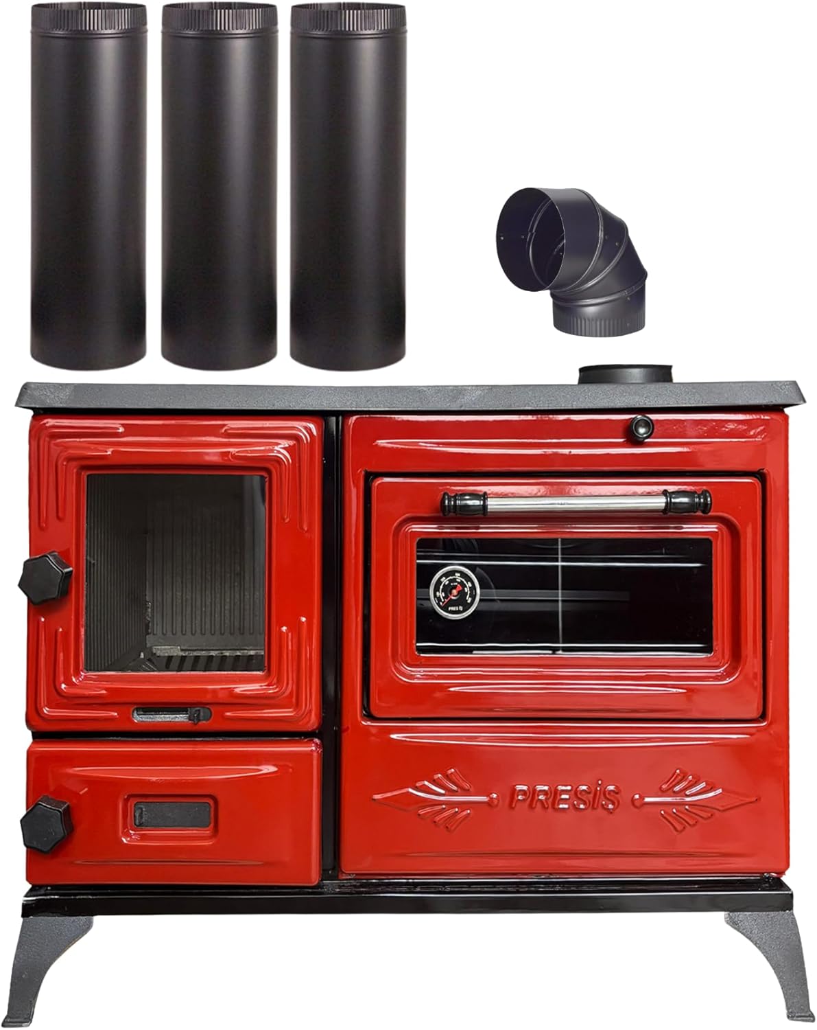 Colorful Red Cast Iron Wood Stove Pipe Set - 3 Straight Pipes + 1 Elbow Pipe