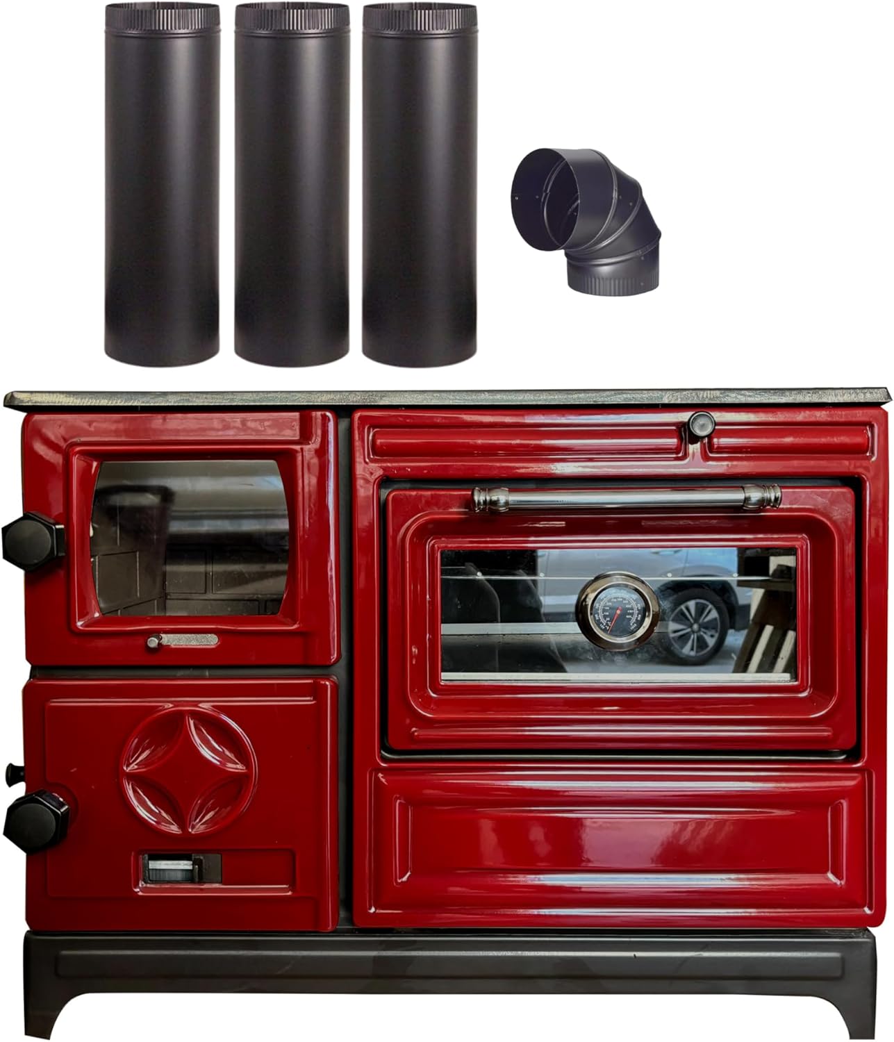 Red Cast Iron Wood Stove Pipe Set - 3 Straight Pipes + 1 Elbow Pipe