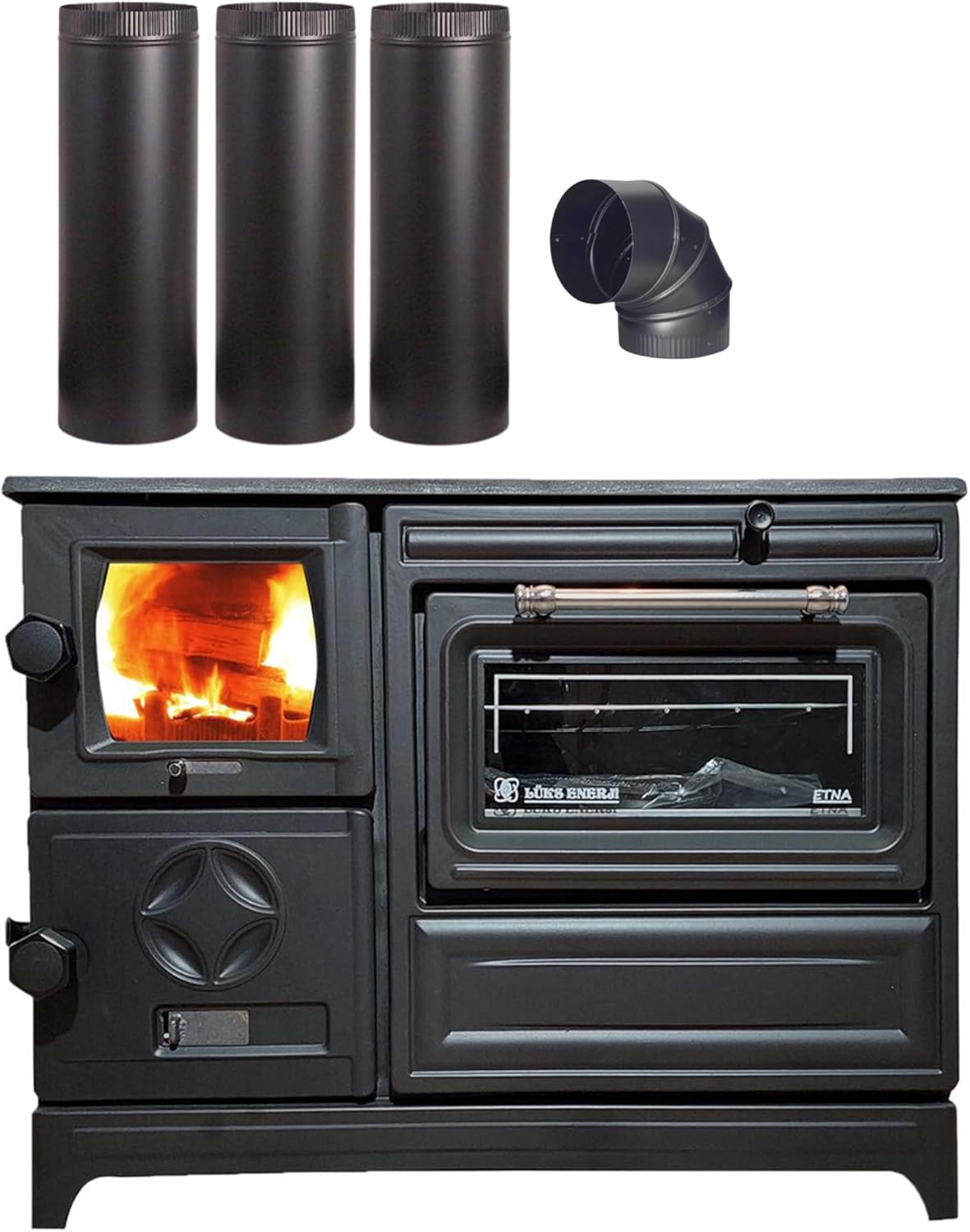 Cast Iron Wood Stove Pipe Set - 3 Straight Pipes + 1 Elbow Pipe