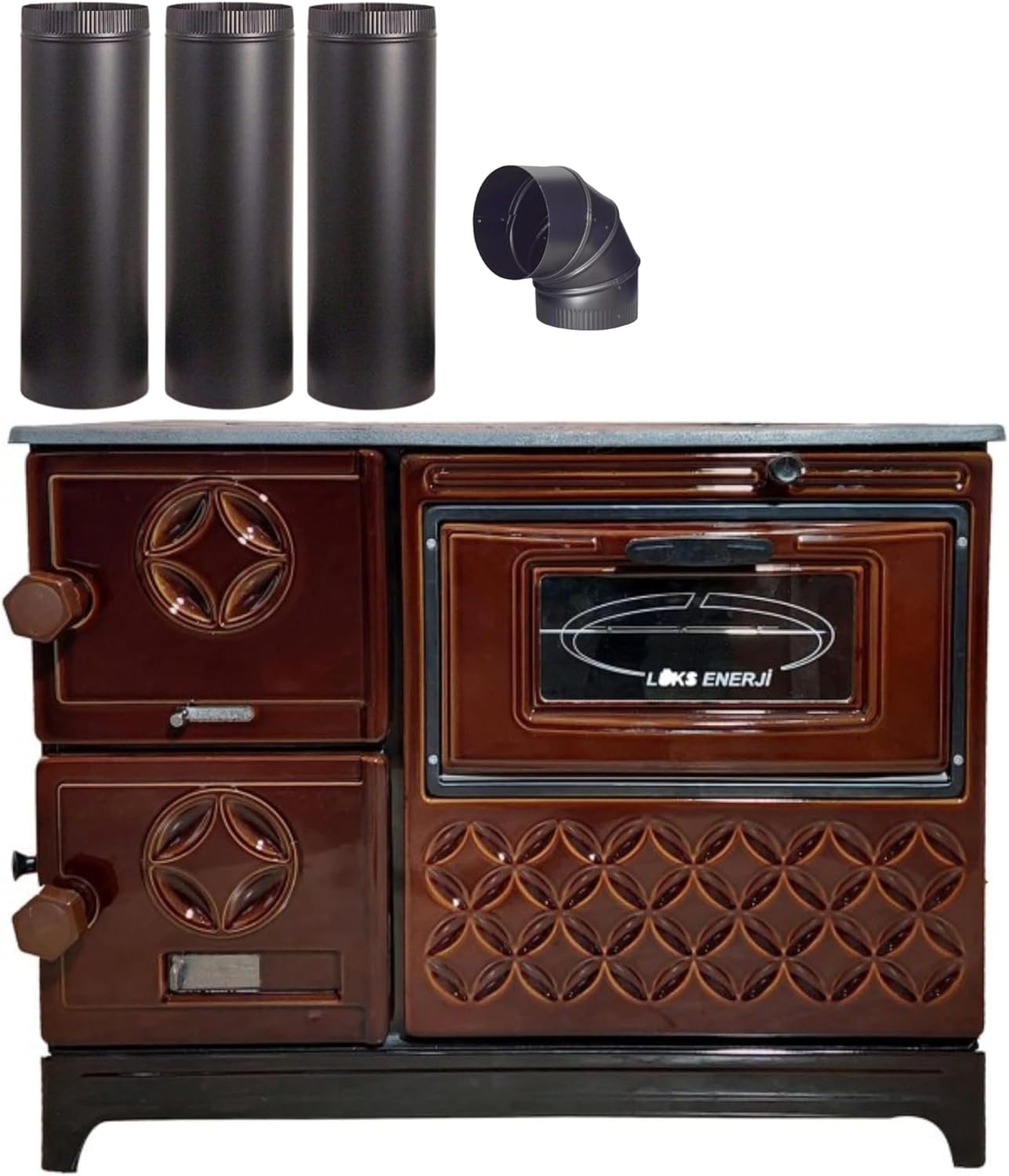 Brown Cast Iron Wood Stove Pipe Set - 3 Straight Pipes + 1 Elbow Pipe