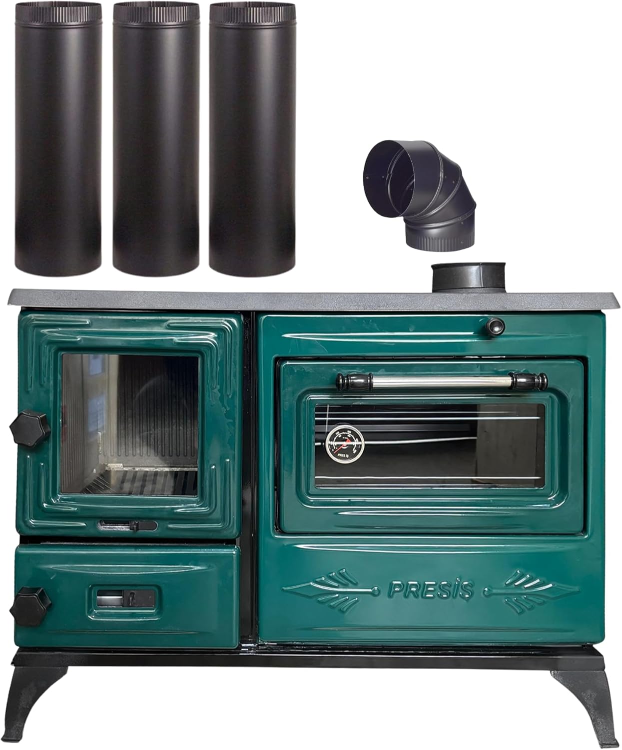 Green Cast Iron Wood Stove Pipe Set - 3 Straight Pipes + 1 Elbow Pipe