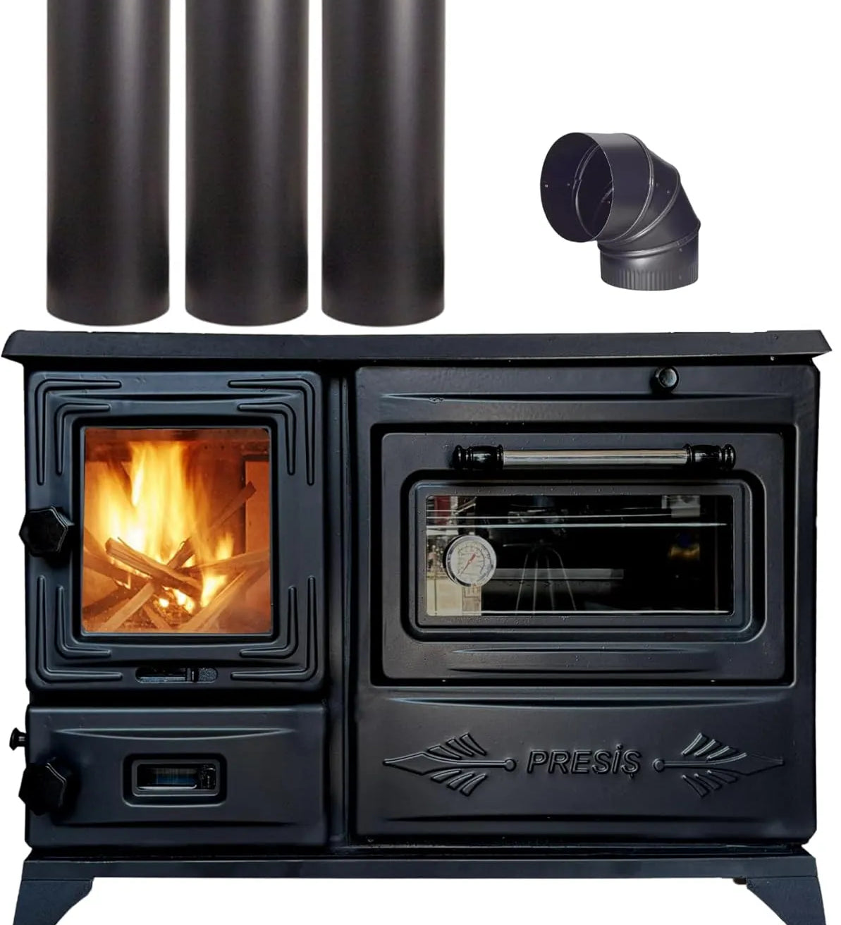 Black Cast Iron Wood Stove Pipe Set - 3 Straight Pipes + 1 Elbow Pipe - TheCastingFire