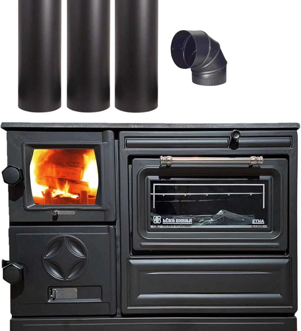 Cast Iron Wood Stove Pipe Set - 3 Straight Pipes + 1 Elbow Pipe - TheCastingFire