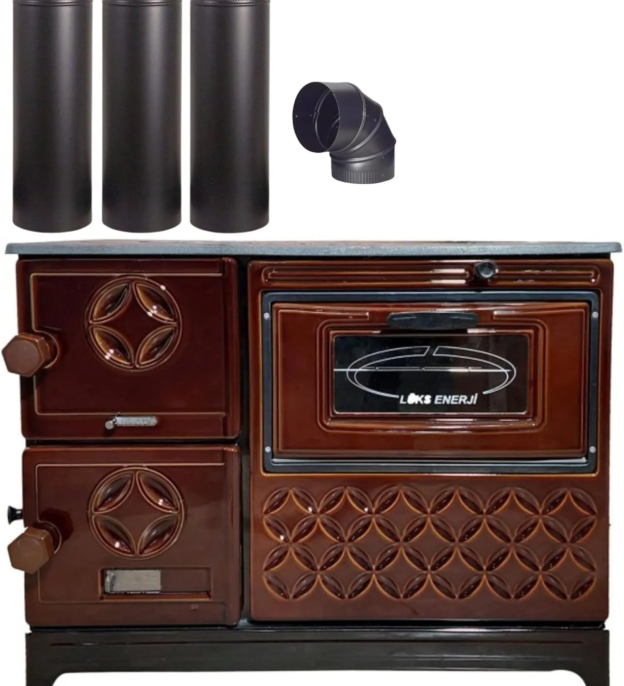 Brown Cast Iron Wood Stove Pipe Set - 3 Straight Pipes + 1 Elbow Pipe - TheCastingFire