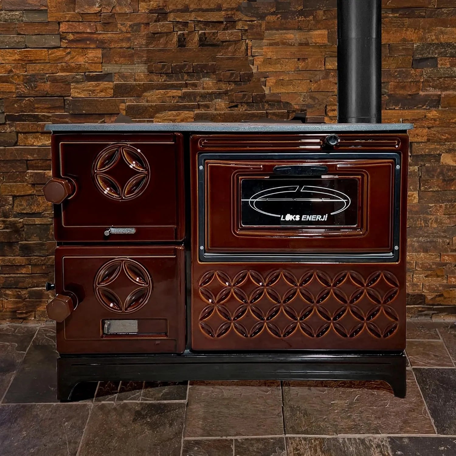 Brown Cast Iron Wood Stove Pipe Set - 3 Straight Pipes + 1 Elbow Pipe - TheCastingFire