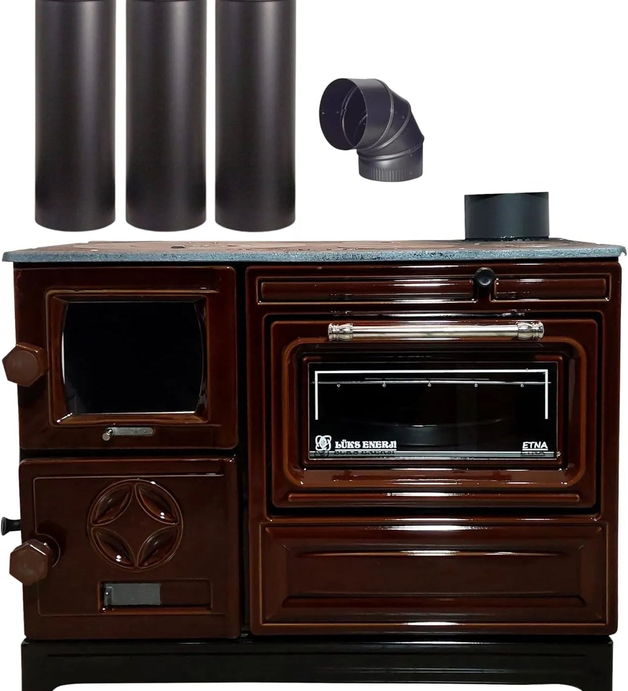 Brown Cast Iron Wood Stove Pipe Set - 3 Straight Pipes + 1 Elbow Pipe - TheCastingFire