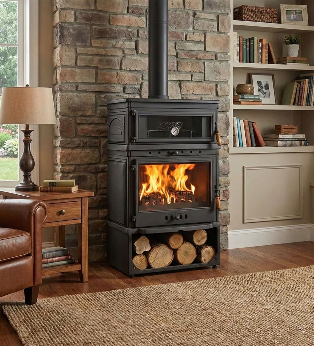 Retro Upright Oven Wood Chambered Cast Iron Stove with Side Cover