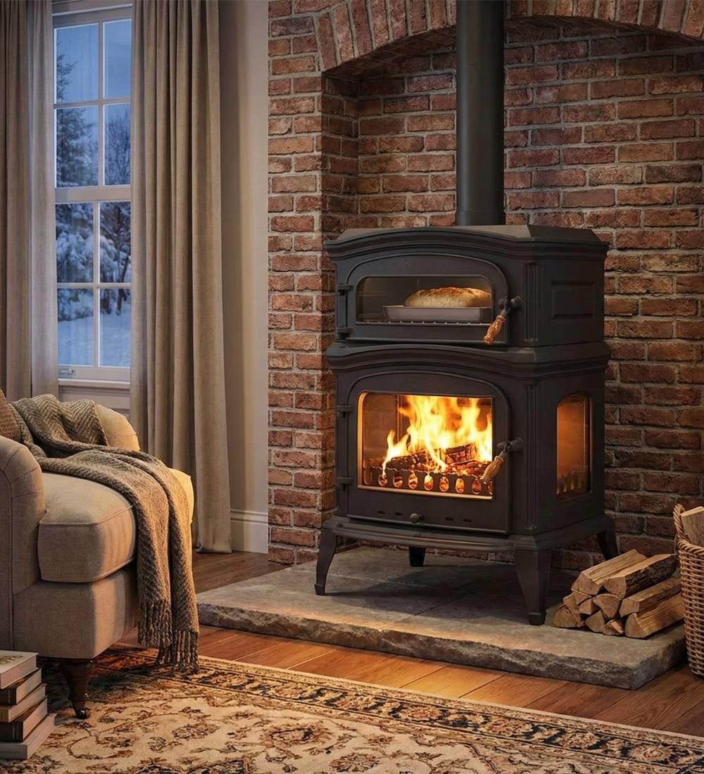 Burning Fireplace Cooker Wood Stove
