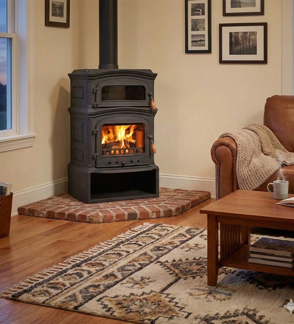 Black Cast Iron Stove Burning Fireplace Wood Stove