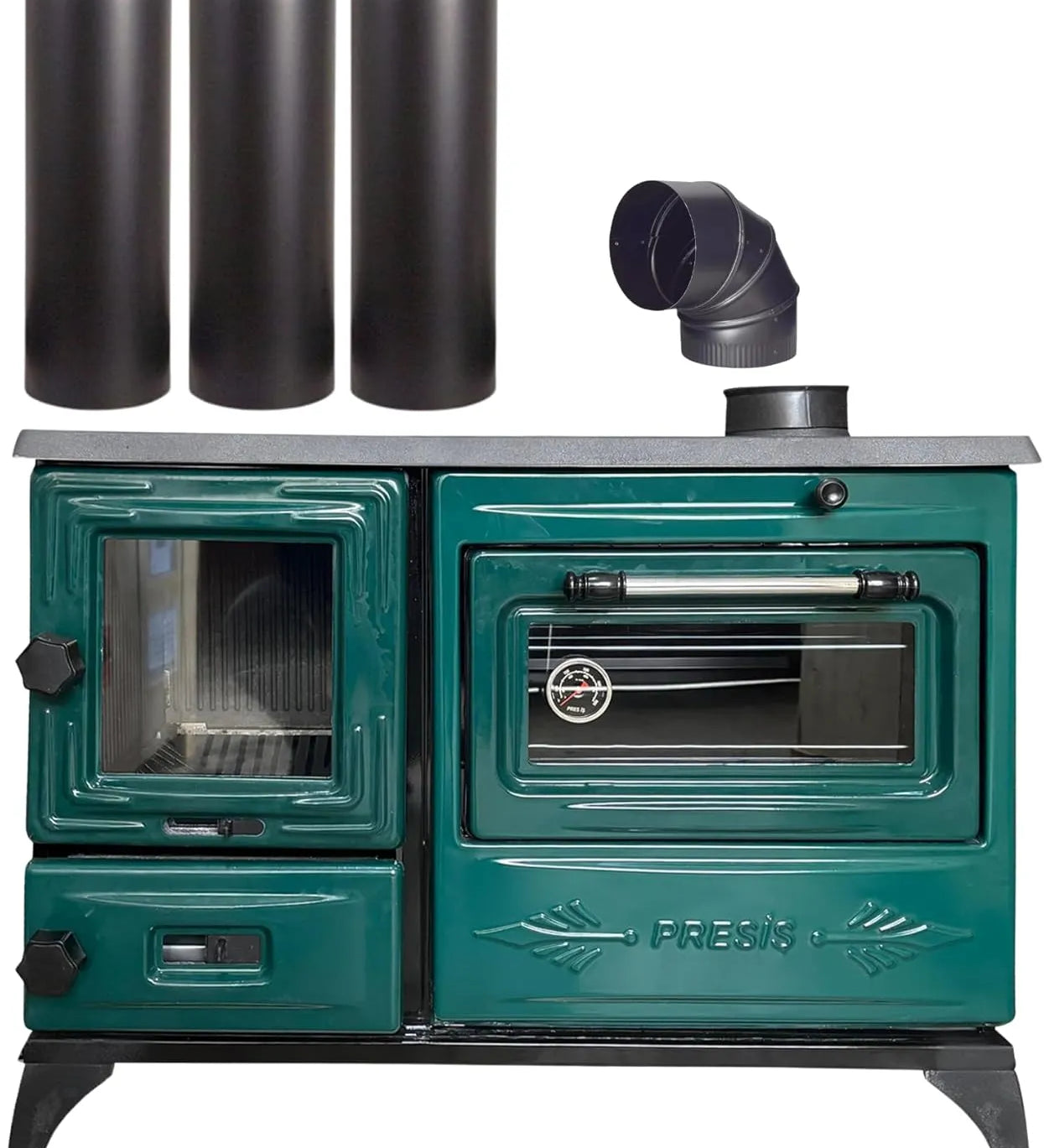 Green Cast Iron Wood Stove Pipe Set - 3 Straight Pipes + 1 Elbow Pipe - TheCastingFire
