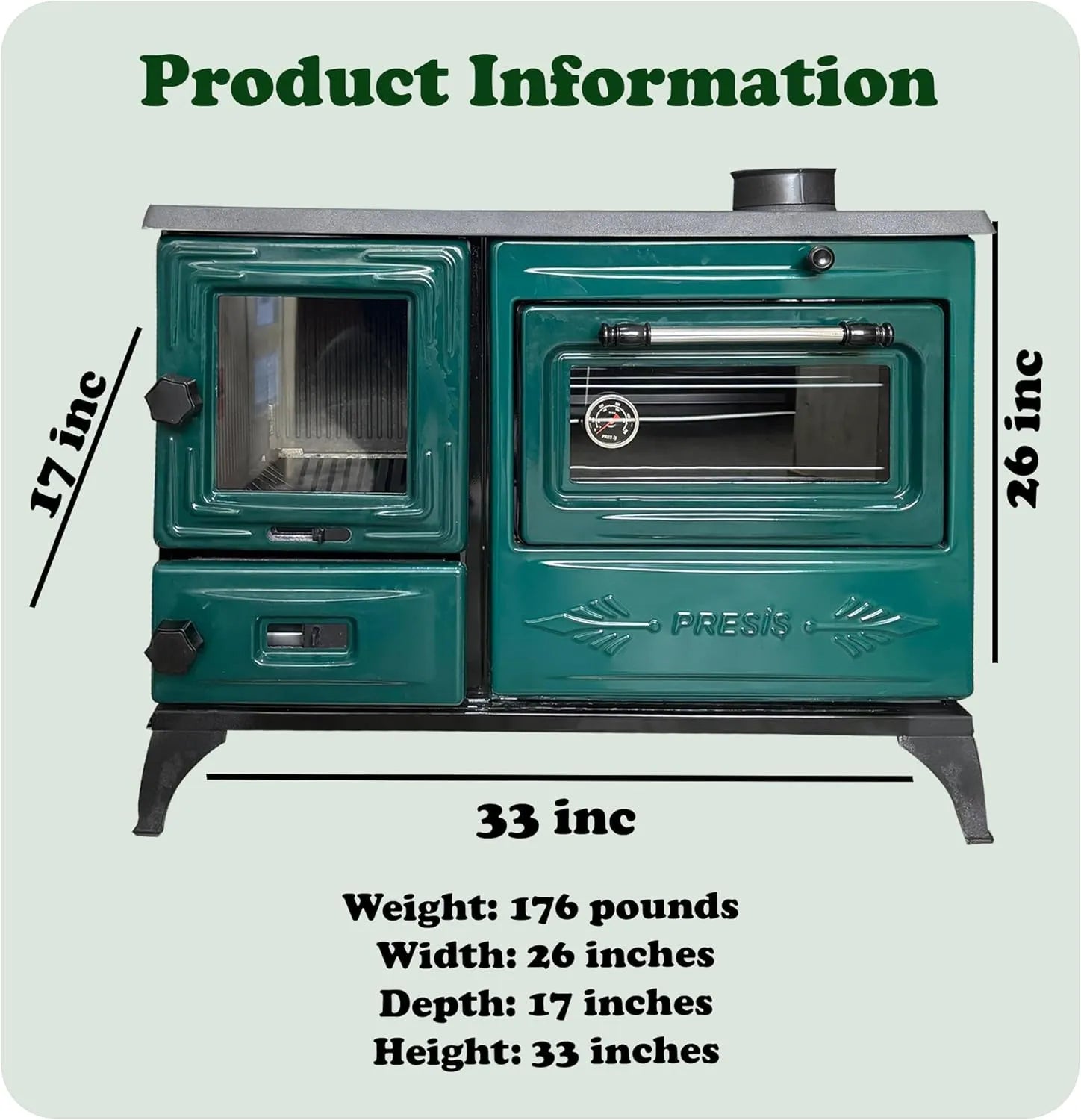 Green Cast Iron Wood Stove Pipe Set - 3 Straight Pipes + 1 Elbow Pipe - TheCastingFire