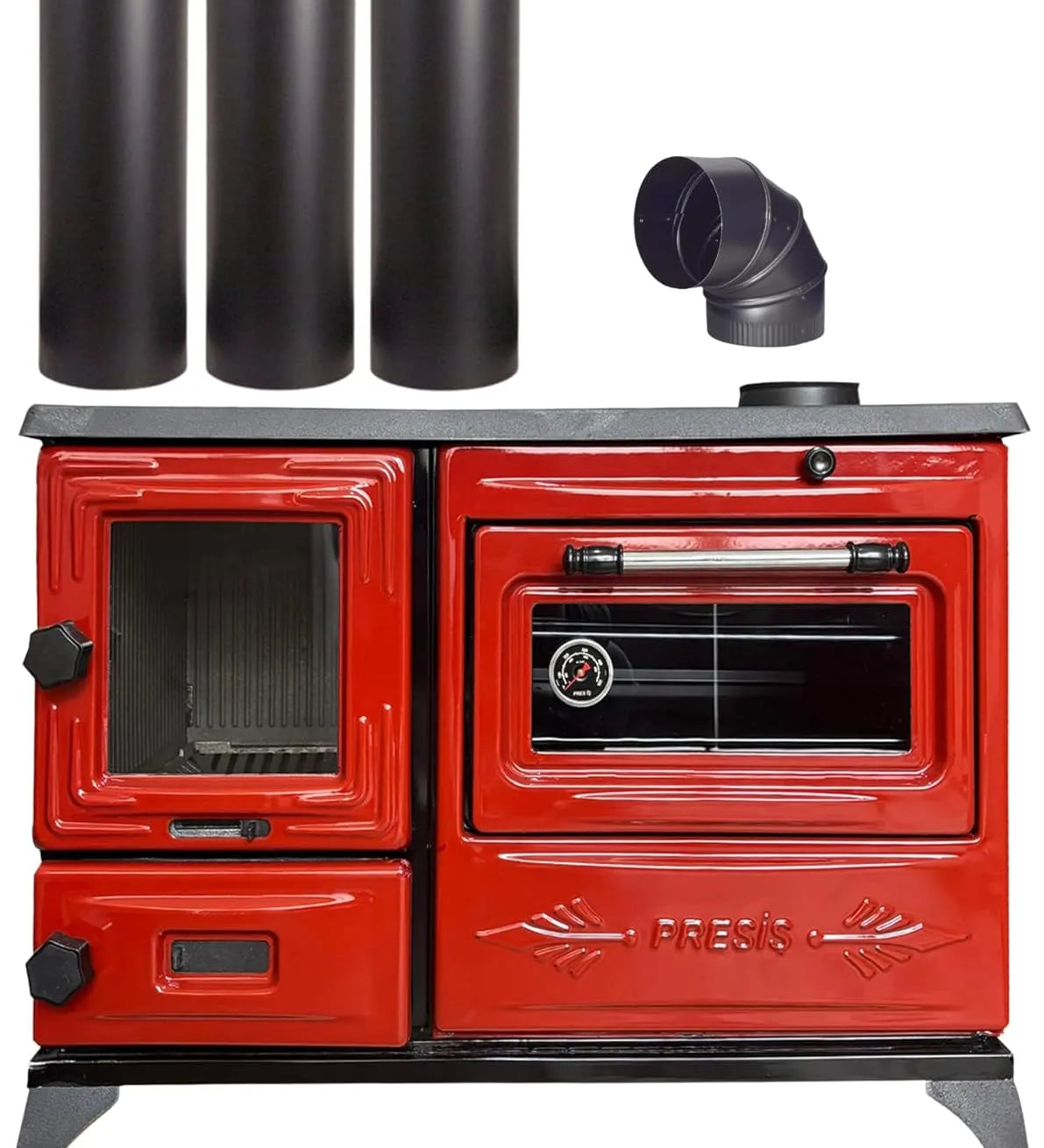 Colorful Red Cast Iron Wood Stove Pipe Set - 3 Straight Pipes + 1 Elbow Pipe - TheCastingFire