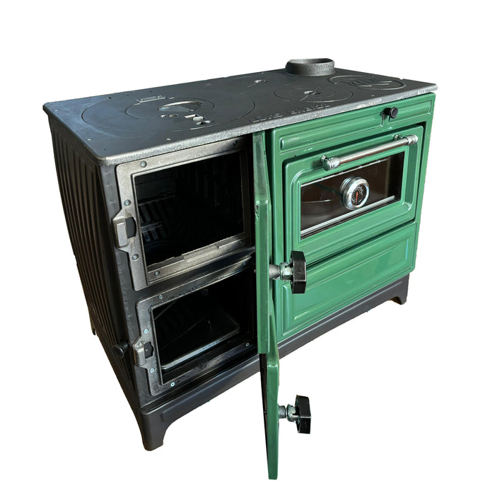 Green Cast Iron Stove Burning Fireplace Wood Stove