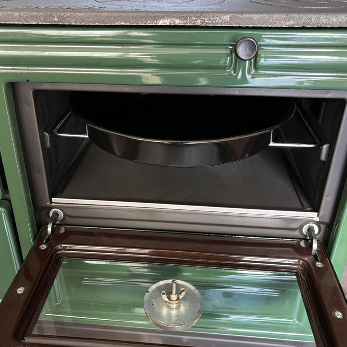 Green Cast Iron Stove Burning Fireplace Wood Stove