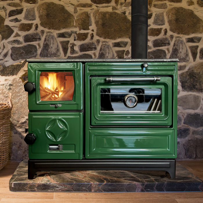 Green Cast Iron Stove Burning Fireplace Wood Stove