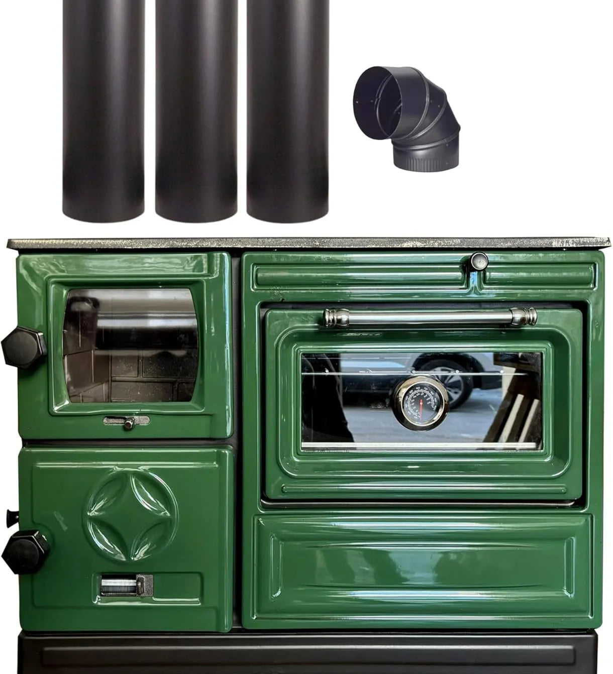 Green Cast Iron Wood Stove Pipe Set - 3 Straight Pipes + 1 Elbow Pipe - TheCastingFire