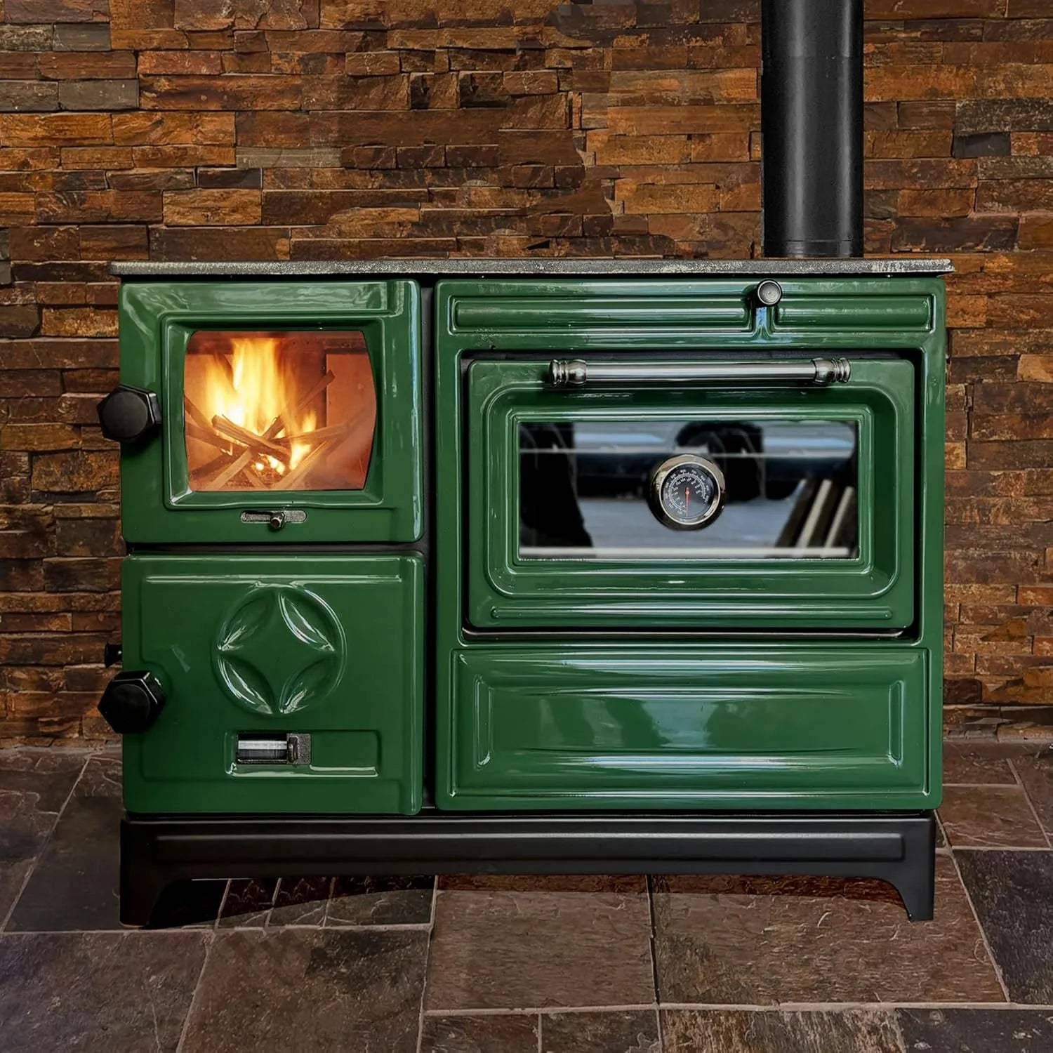 Green Cast Iron Wood Stove Pipe Set - 3 Straight Pipes + 1 Elbow Pipe - TheCastingFire