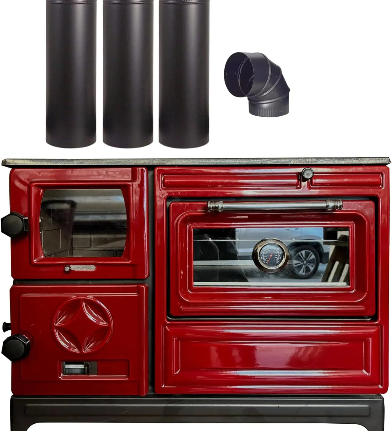 Red Cast Iron Wood Stove Pipe Set - 3 Straight Pipes + 1 Elbow Pipe - TheCastingFire